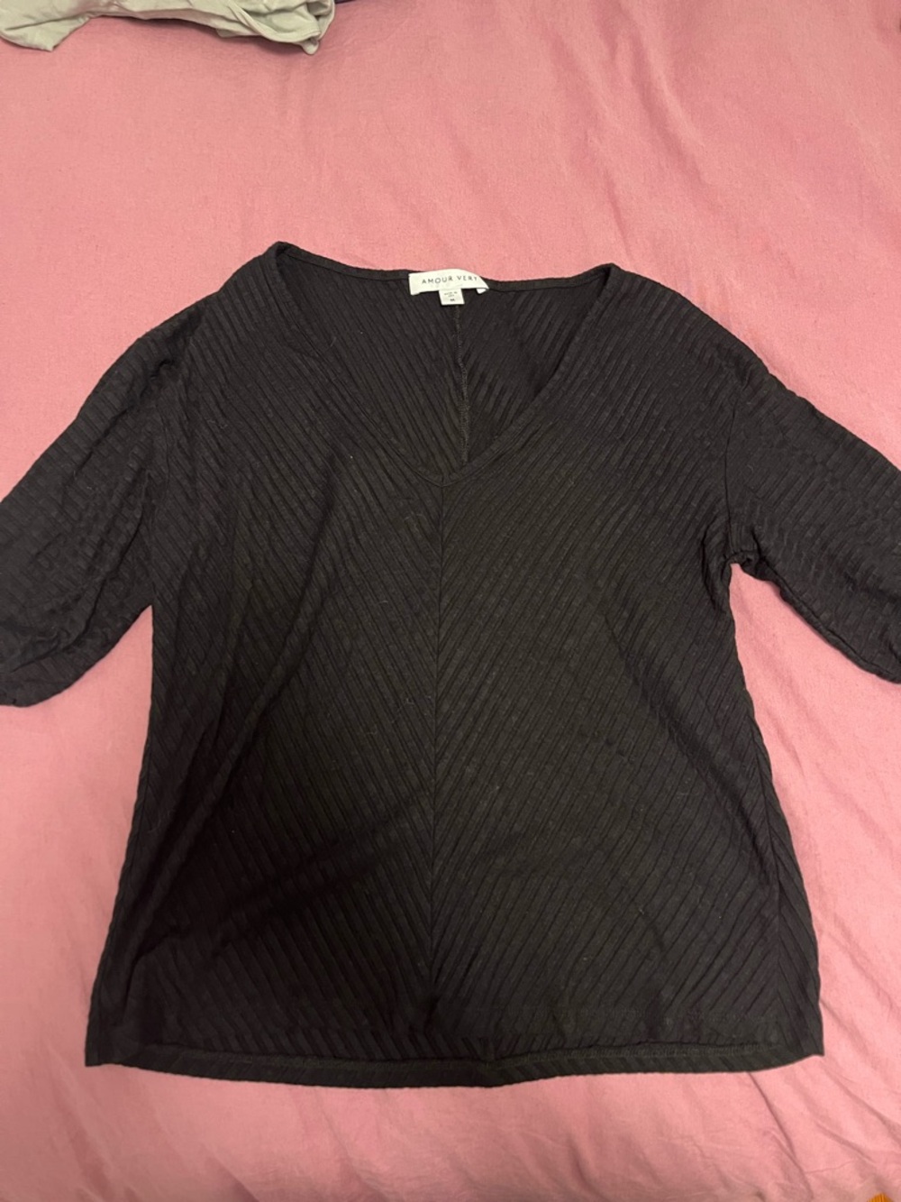 Amour Vert Black Ribbed V-Neck Top with Label